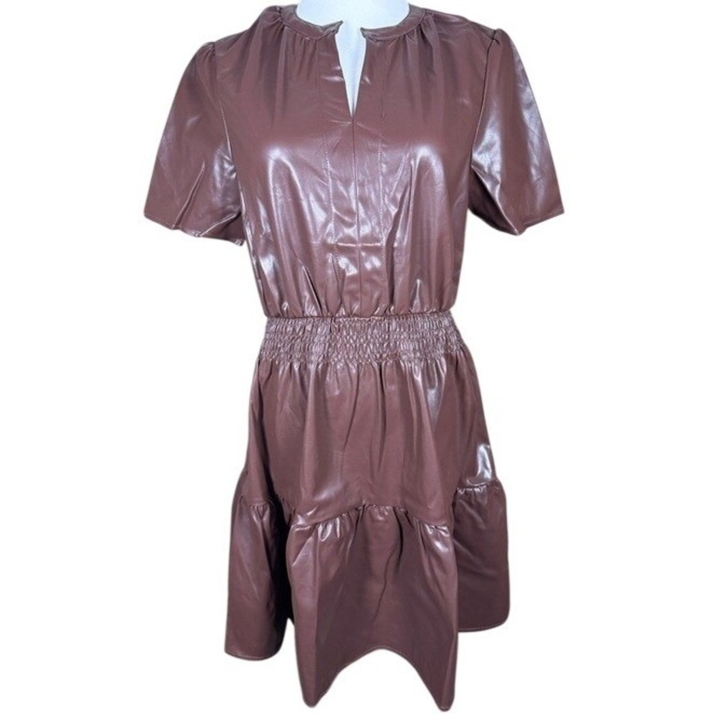 Vigoss Brown Faux Leather Smocked Waist Tiered Mini Dress Womens Medium 1801186
